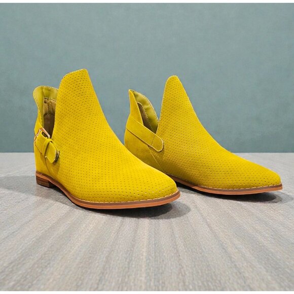 Khaki Perforated Faux Suede Ankle Boots With Side Buckle & Low Heel Womens - Picture 2 of 6